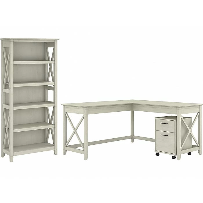 Bush Furniture Key West 60" L-Shaped Desk With 2 Drawer Mobile File Cabinet And 5 Shelf Bookcase, Linen White Oak (KWS016LW)