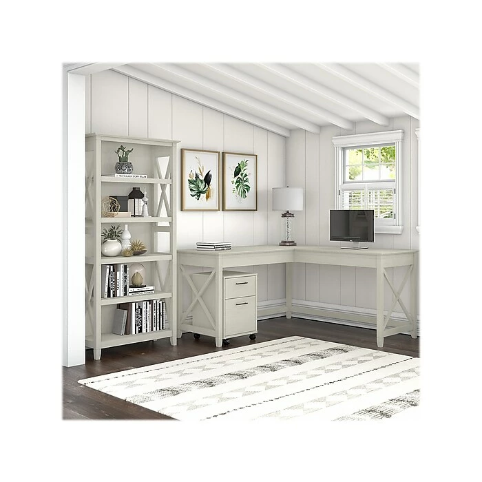 Bush Furniture Key West 60" L-Shaped Desk With 2 Drawer Mobile File Cabinet And 5 Shelf Bookcase, Linen White Oak (KWS016LW) - Image 2