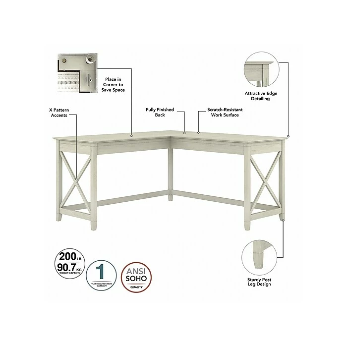Bush Furniture Key West 60" L-Shaped Desk With 2 Drawer Mobile File Cabinet And 5 Shelf Bookcase, Linen White Oak (KWS016LW) - Image 3