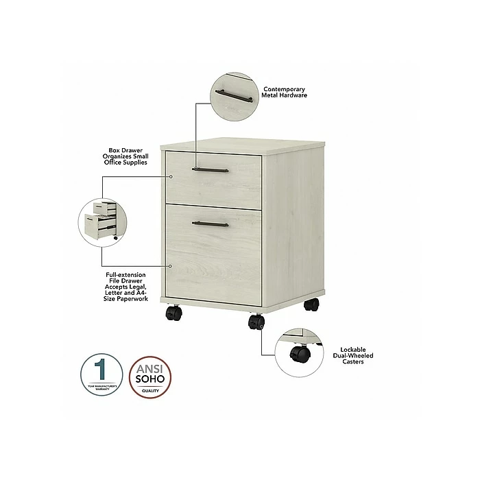 Bush Furniture Key West 60" L-Shaped Desk With 2 Drawer Mobile File Cabinet And 5 Shelf Bookcase, Linen White Oak (KWS016LW) - Image 4