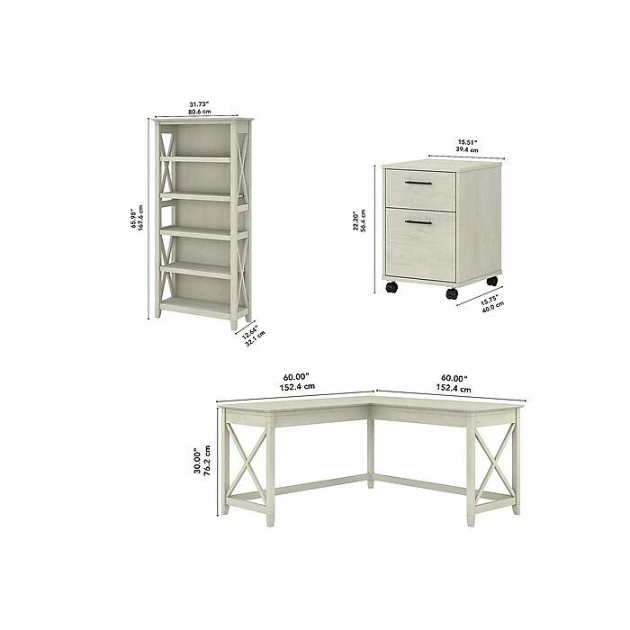 Bush Furniture Key West 60" L-Shaped Desk With 2 Drawer Mobile File Cabinet And 5 Shelf Bookcase, Linen White Oak (KWS016LW) - Image 5