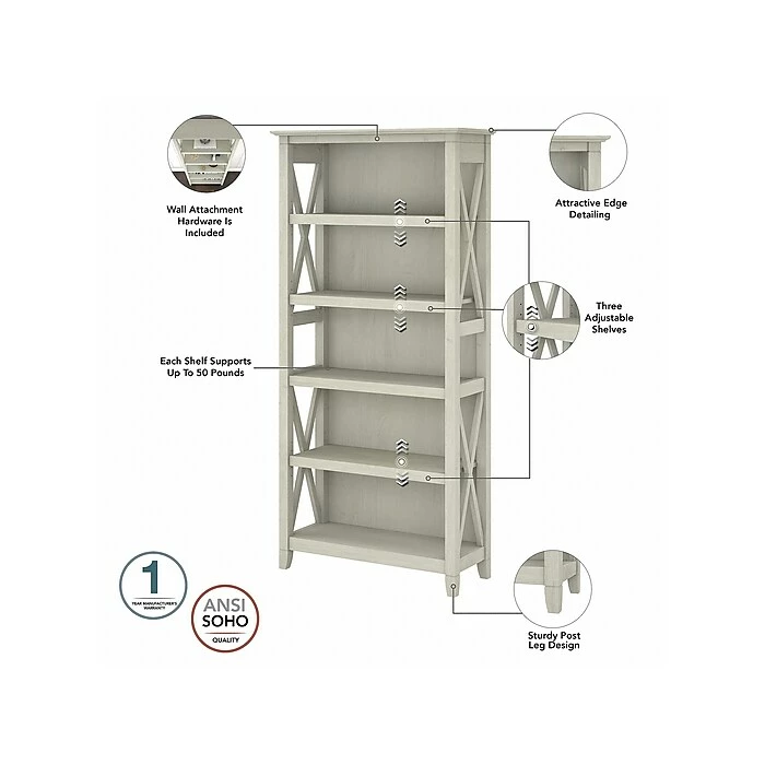 Bush Furniture Key West 60" L-Shaped Desk With 2 Drawer Mobile File Cabinet And 5 Shelf Bookcase, Linen White Oak (KWS016LW) - Image 6
