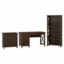 Bush Furniture Key West 54W Computer Desk With Storage, 2 Drawer Lateral File Cabinet, 5 Shelf Bookcase, Bing Cherry (KWS009BC)