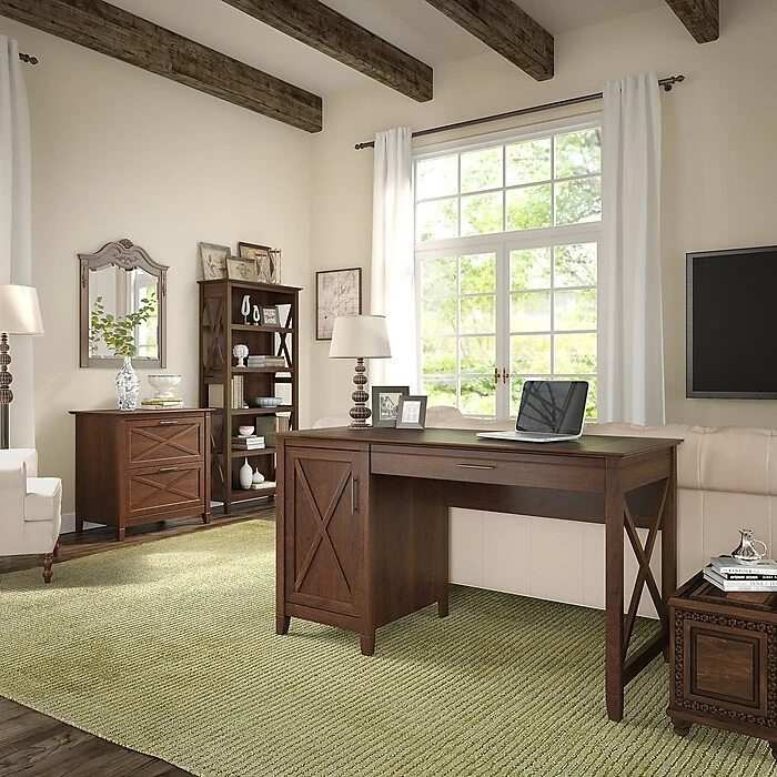 Bush Furniture Key West 54W Computer Desk With Storage, 2 Drawer Lateral File Cabinet, 5 Shelf Bookcase, Bing Cherry (KWS009BC) - Image 2