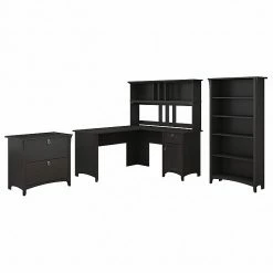 Bush Furniture Salinas 60W L Shaped Desk With Hutch, Lateral File Cabinet And 5 Shelf Bookcase, Vintage Black (SAL007VB)