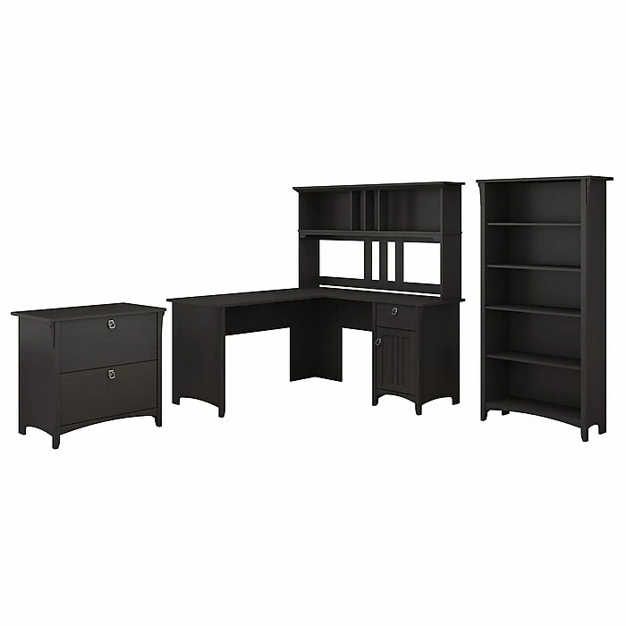Bush Furniture Salinas 60W L Shaped Desk With Hutch, Lateral File Cabinet And 5 Shelf Bookcase, Vintage Black (SAL007VB)