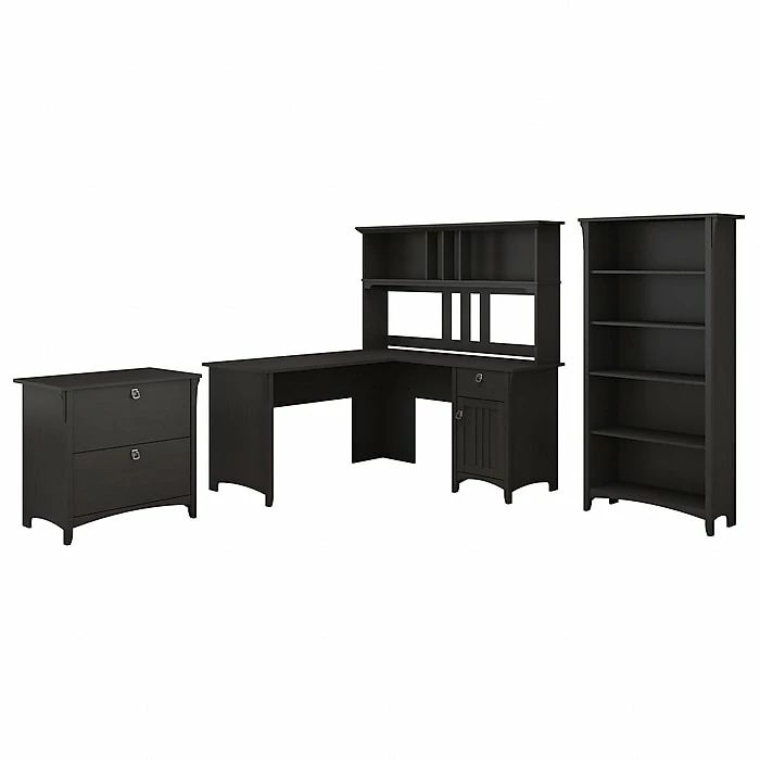 Bush Furniture Salinas 60W L Shaped Desk With Hutch, Lateral File Cabinet And 5 Shelf Bookcase, Vintage Black (SAL007VB) - Image 2