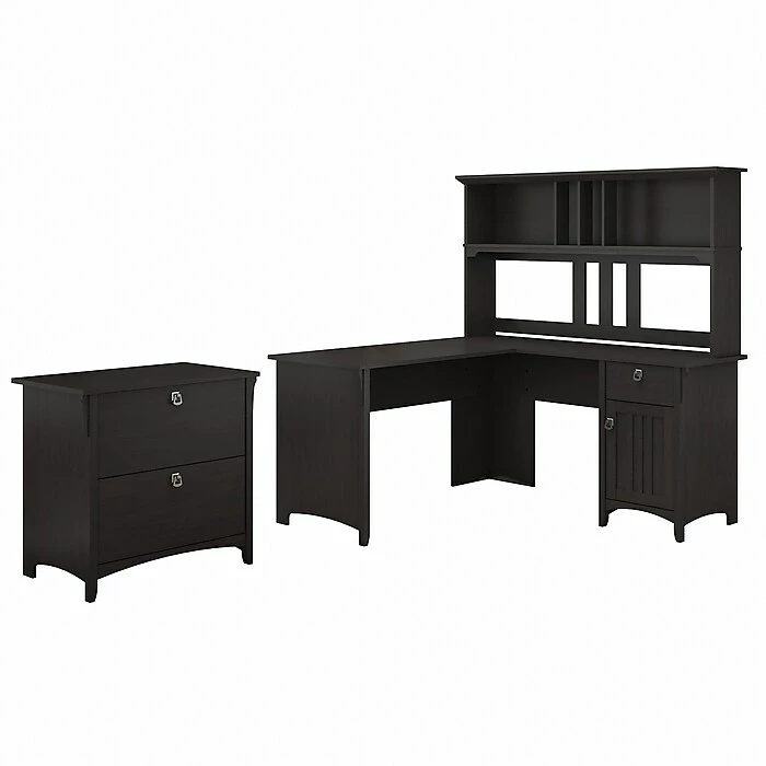 Bush Furniture Salinas 60W L Shaped Desk With Hutch And Lateral File Cabinet, Vintage Black (SAL005VB) - Image 2