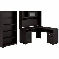 Bush Furniture Cabot 60"W L-Shaped Computer Desk With Hutch And 5-Shelf Bookcase, Espresso Oak (CAB011EPO)