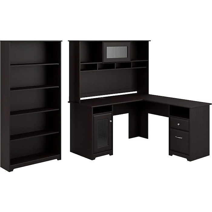 Bush Furniture Cabot 60"W L-Shaped Computer Desk With Hutch And 5-Shelf Bookcase, Espresso Oak (CAB011EPO)