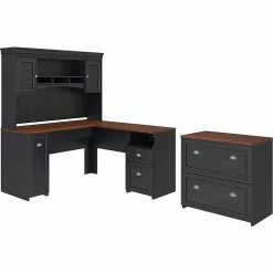 Bush Furniture Fairview 60"W L-Shaped Desk With Hutch And Lateral File Cabinet, Antique Black/Hansen Cherry (FVW001)