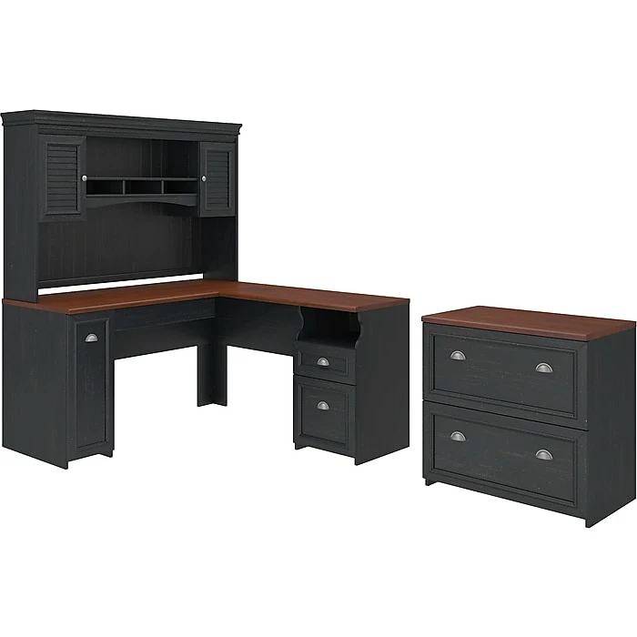 Bush Furniture Fairview 60"W L-Shaped Desk With Hutch And Lateral File Cabinet, Antique Black/Hansen Cherry (FVW001)