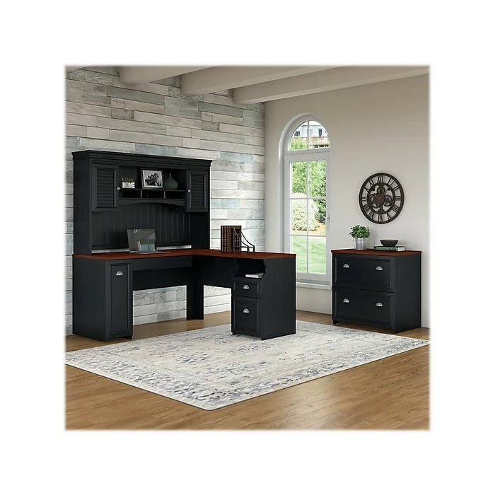 Bush Furniture Fairview 60"W L-Shaped Desk With Hutch And Lateral File Cabinet, Antique Black/Hansen Cherry (FVW001) - Image 2