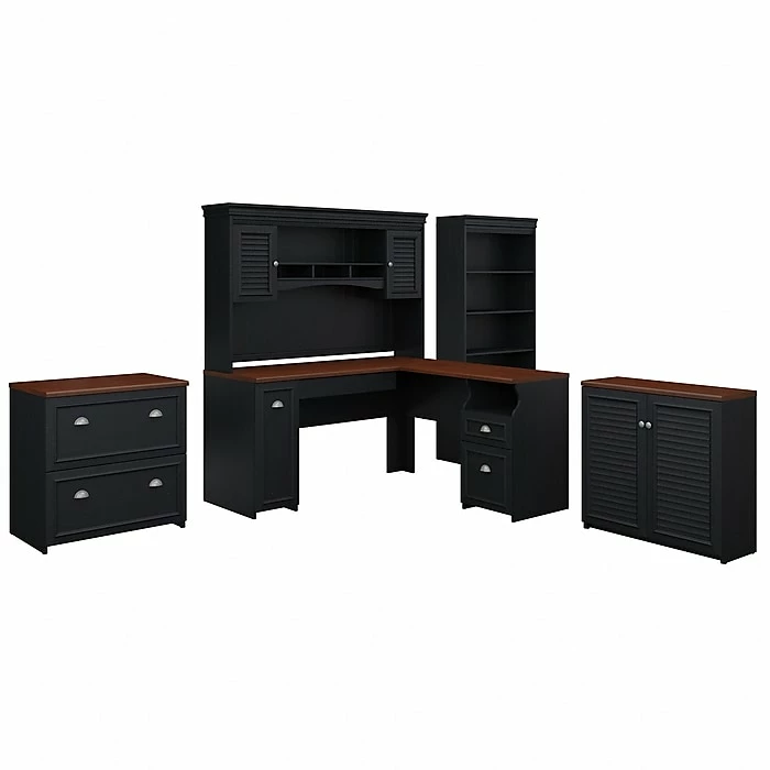 Bush Furniture Fairview 60W L Shaped Desk With Hutch, Storage Cabinets And 5 Shelf Bookcase, Antique Black (FV013AB) - Image 2