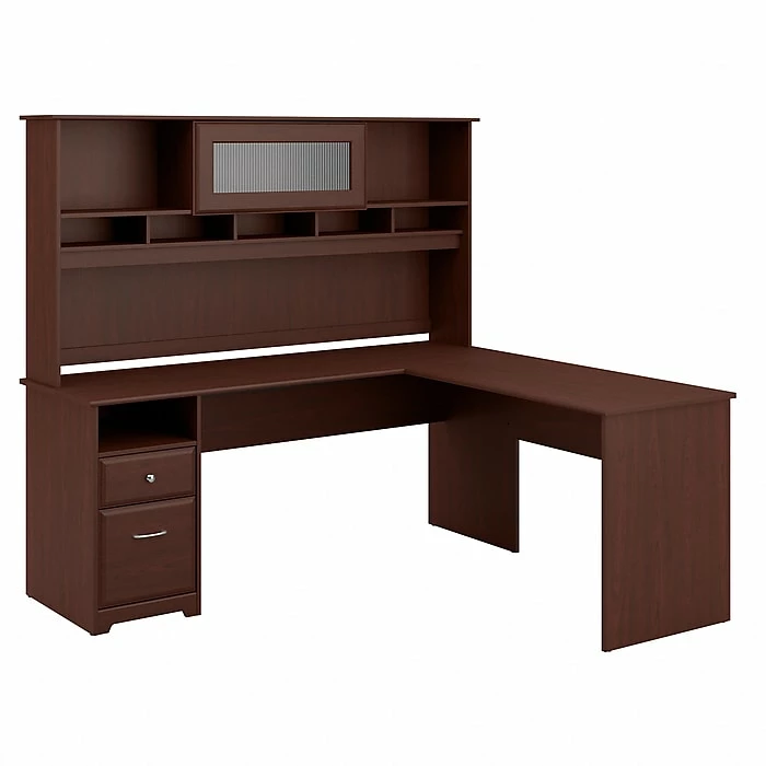 Bush Furniture Cabot 72W L Shaped Computer Desk With Hutch And Drawers, Harvest Cherry (CAB053HVC)