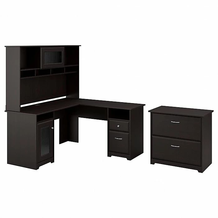 Bush Furniture Cabot L Shaped Desk W/ Hutch And Lateral File Cabinet, Espresso Oak (CAB005EPO)