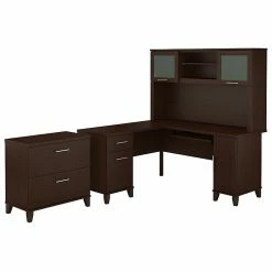 Bush Furniture Somerset 60W L Shaped Desk With Hutch And Lateral File Cabinet, Mocha Cherry (SET008MR)