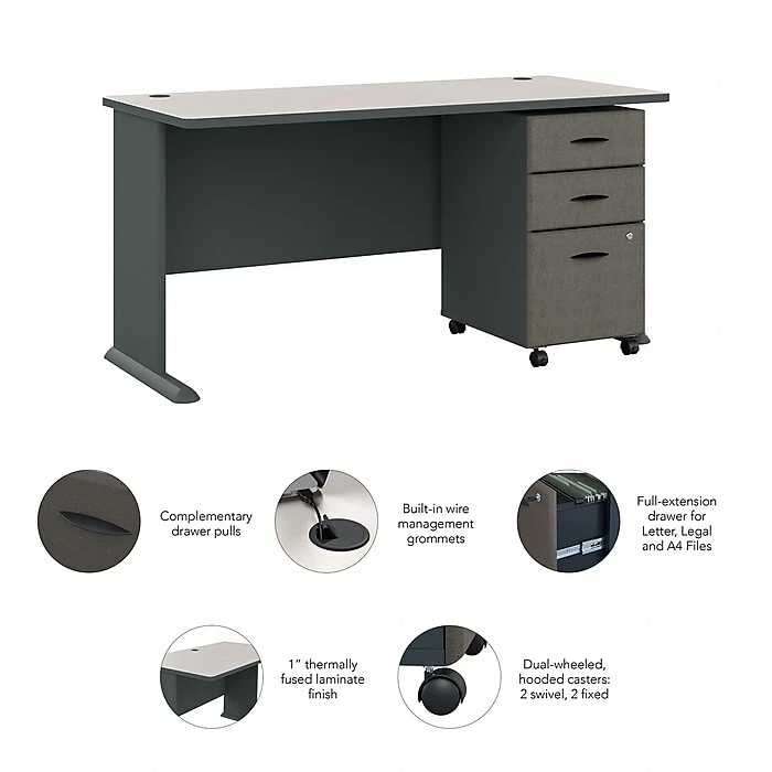 Bush Business Furniture Cubix 60W Desk With Mobile File Cabinet, Slate/White Spectrum (SRA003SLSU) - Image 3