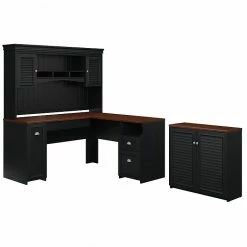 Bush Furniture Fairview 60W L Shaped Desk With Hutch And Small Storage Cabinet, Antique Black/Hansen Cherry (FV012AB)