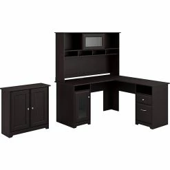 Bush Furniture Cabot 60"W L-Shaped Computer Desk With Hutch And Small Storage Cabinet With Doors, Espresso Oak (CAB016EPO)