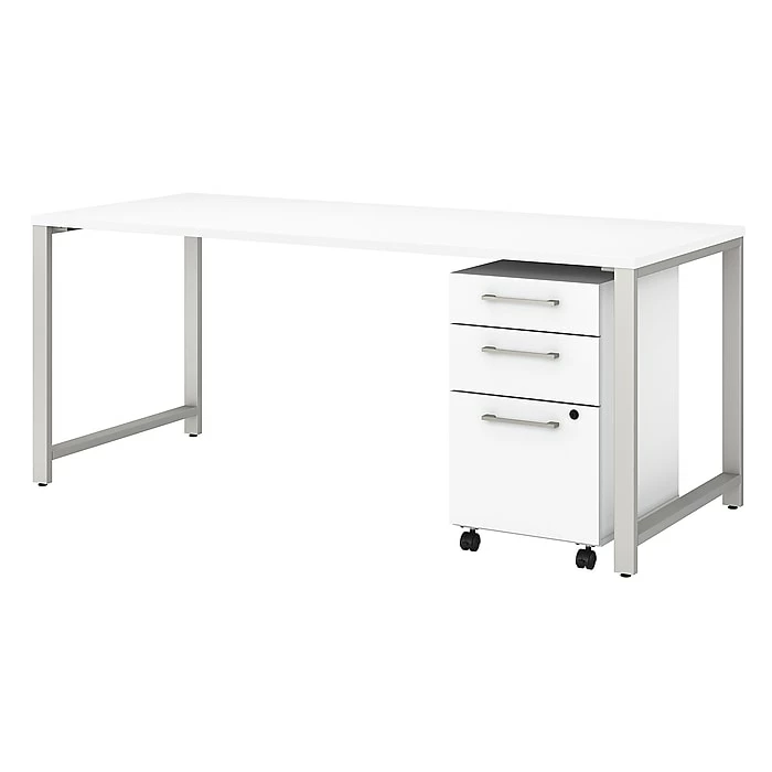 Bush Business Furniture 400 Series 71" Table Desk With 3 Drawer Mobile File Cabinet, White (400S151WH)