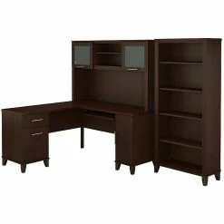 Bush Furniture Somerset 60W L Shaped Desk With Hutch And 5 Shelf Bookcase, Mocha Cherry (SET010MR)