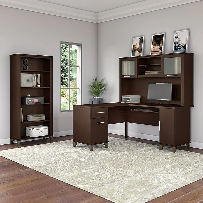 Bush Furniture Somerset 60W L Shaped Desk With Hutch And 5 Shelf Bookcase, Mocha Cherry (SET010MR) - Image 2