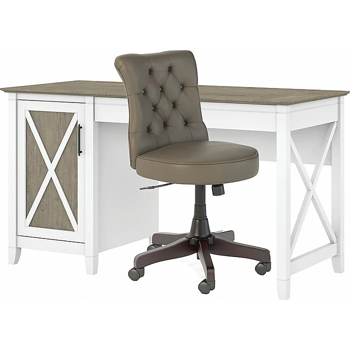 Bush Furniture Key West 54" Computer Desk With Storage And Mid-Back Tufted Office Chair, Shiplap Gray/Pure White (KWS020G2W)