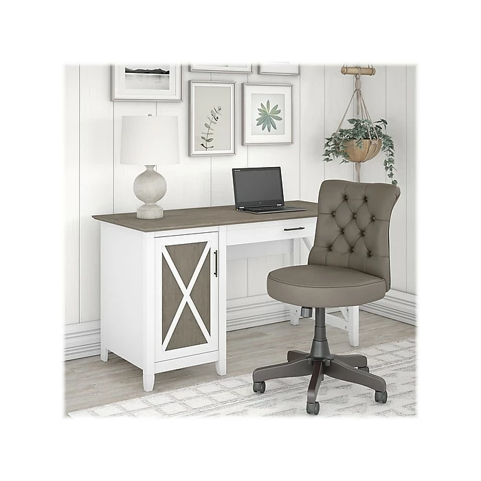 Bush Furniture Key West 54" Computer Desk With Storage And Mid-Back Tufted Office Chair, Shiplap Gray/Pure White (KWS020G2W) - Image 2