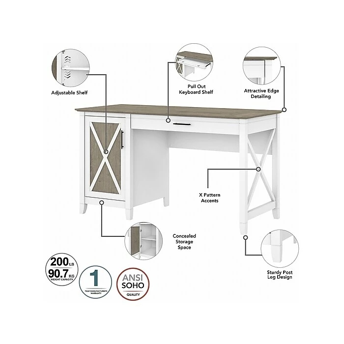Bush Furniture Key West 54" Computer Desk With Storage And Mid-Back Tufted Office Chair, Shiplap Gray/Pure White (KWS020G2W) - Image 3