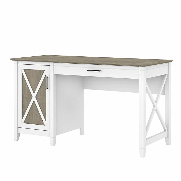 Bush Furniture Key West 54" Computer Desk With Keyboard Tray And Storage, Shiplap Gray/Pure White (KWD154G2W-03)