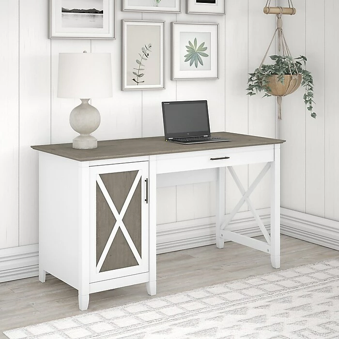 Bush Furniture Key West 54" Computer Desk With Keyboard Tray And Storage, Shiplap Gray/Pure White (KWD154G2W-03) - Image 2