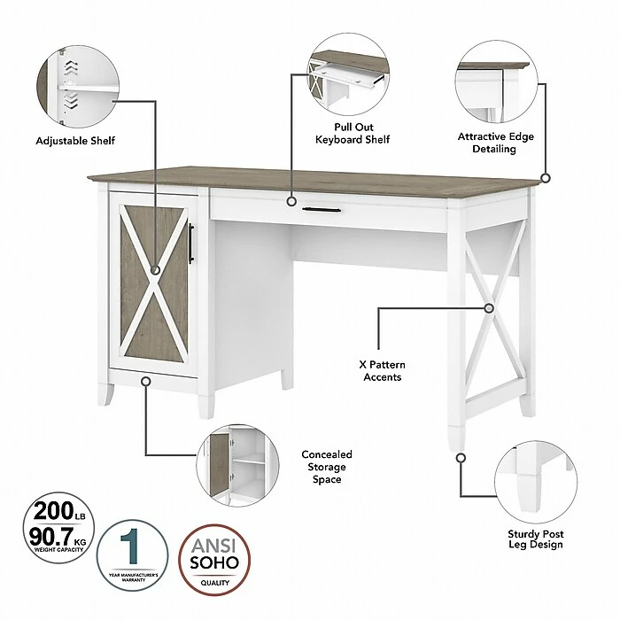 Bush Furniture Key West 54" Computer Desk With Keyboard Tray And Storage, Shiplap Gray/Pure White (KWD154G2W-03) - Image 3