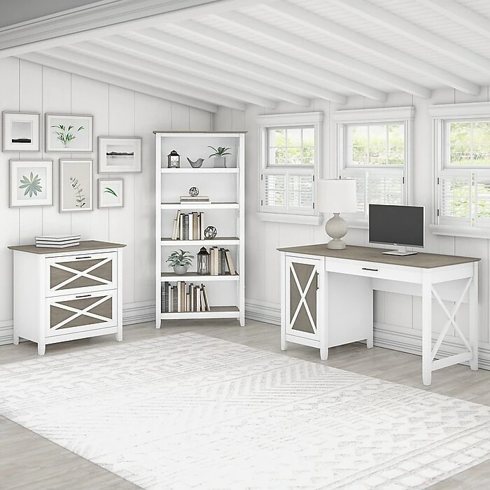 Bush Furniture Key West 54" Computer Desk With Keyboard Tray And Storage, Shiplap Gray/Pure White (KWD154G2W-03) - Image 6