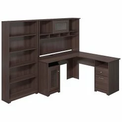 Bush Furniture Cabot L Shaped Desk With Hutch And 5 Shelf Bookcase, Heather Gray, (CAB011HRG)