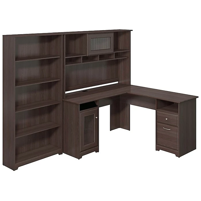Bush Furniture Cabot L Shaped Desk With Hutch And 5 Shelf Bookcase, Heather Gray, (CAB011HRG)