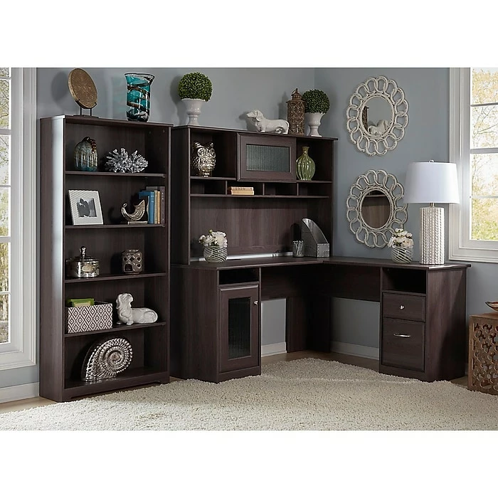 Bush Furniture Cabot L Shaped Desk With Hutch And 5 Shelf Bookcase, Heather Gray, (CAB011HRG) - Image 2
