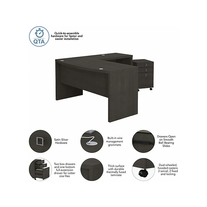 Office By Kathy Ireland® Echo 60"W L-Shaped Bow Front Desk With Mobile File Cabinet, Charcoal Maple (ECH007CM) - Image 3