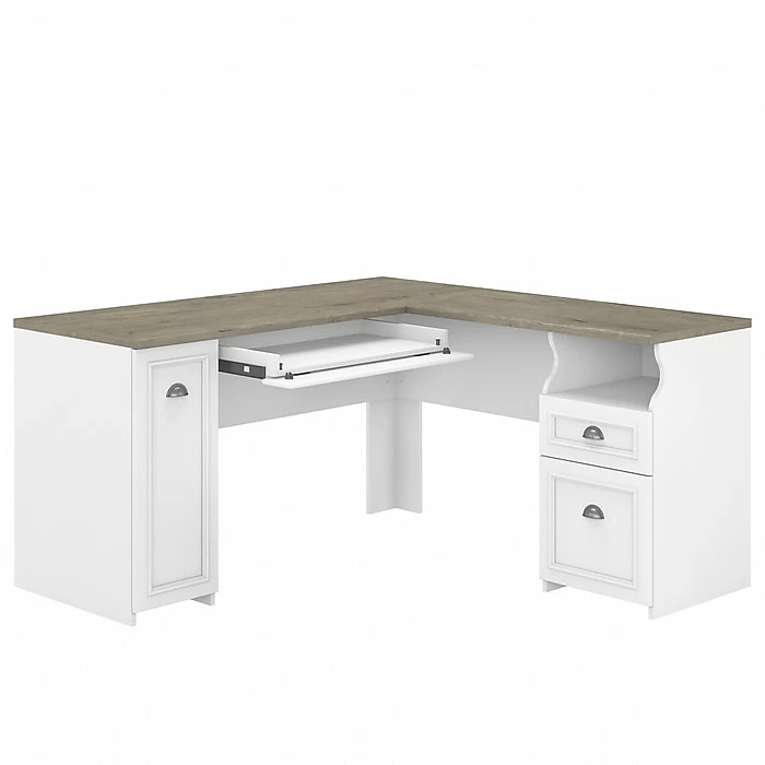 Bush Furniture Fairview 60" L-Shaped Desk With Drawers And Storage Cabinet, Shiplap Gray/Pure White (WC53630-03K)