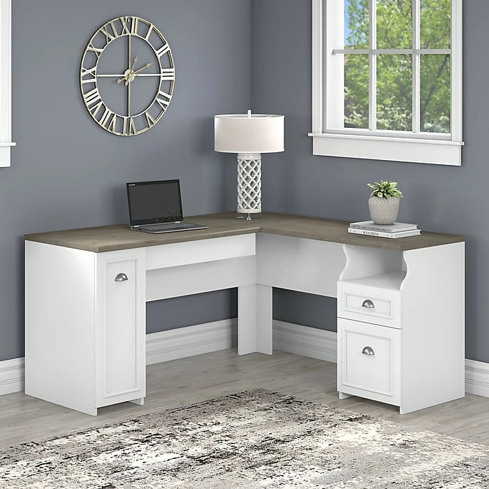 Bush Furniture Fairview 60" L-Shaped Desk With Drawers And Storage Cabinet, Shiplap Gray/Pure White (WC53630-03K) - Image 2