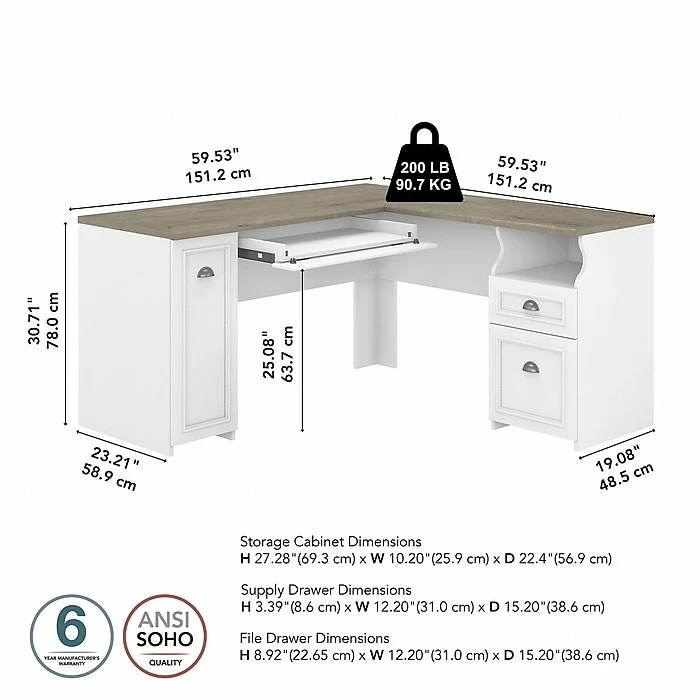 Bush Furniture Fairview 60" L-Shaped Desk With Drawers And Storage Cabinet, Shiplap Gray/Pure White (WC53630-03K) - Image 4