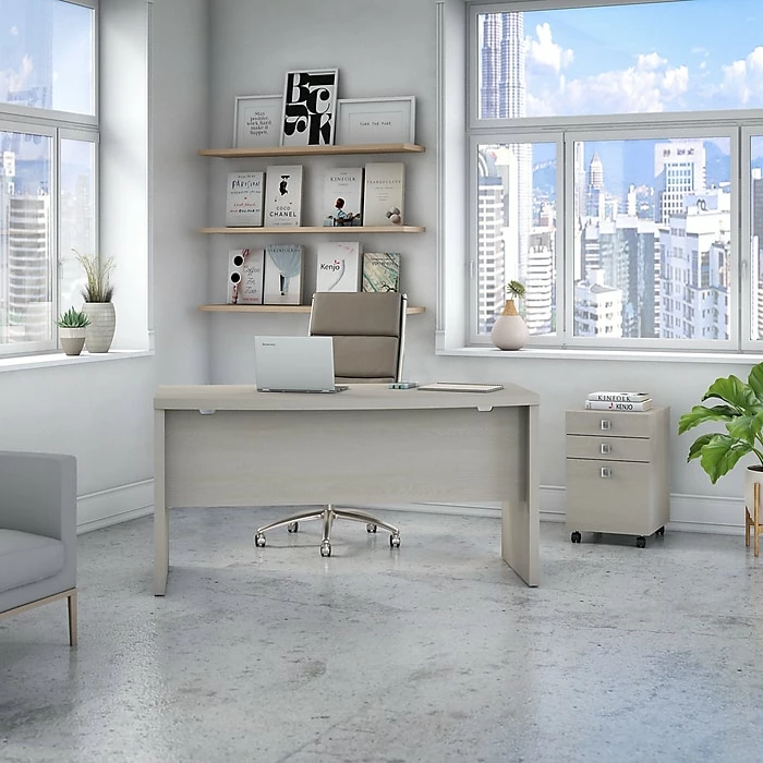 Office By Kathy Ireland® Office By Kathy Ireland Echo 60" Bow Front Computer Desk With Mobile Cabinet, Gray Sand (ECH001GS) - Image 2