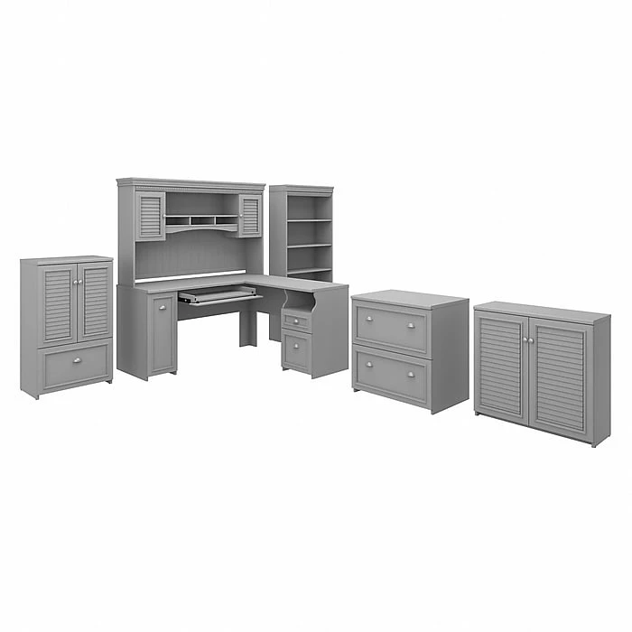 Bush Furniture Fairview 60" L-Shaped Desk With Hutch, Bookcase, Storage, File Cabinets, Cape Cod Gray (FV014CG)