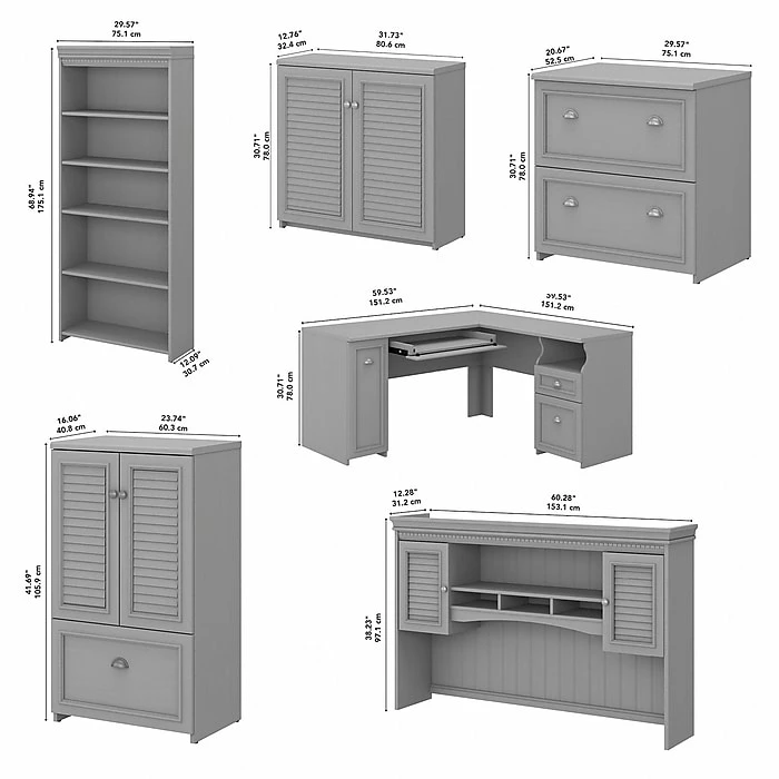Bush Furniture Fairview 60" L-Shaped Desk With Hutch, Bookcase, Storage, File Cabinets, Cape Cod Gray (FV014CG) - Image 9