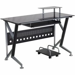 Flash Furniture Glass Computer Desk With Pull-Out Keyboard Tray And CPU Cart, Black