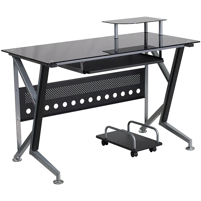 Flash Furniture Glass Computer Desk With Pull-Out Keyboard Tray And CPU Cart, Black