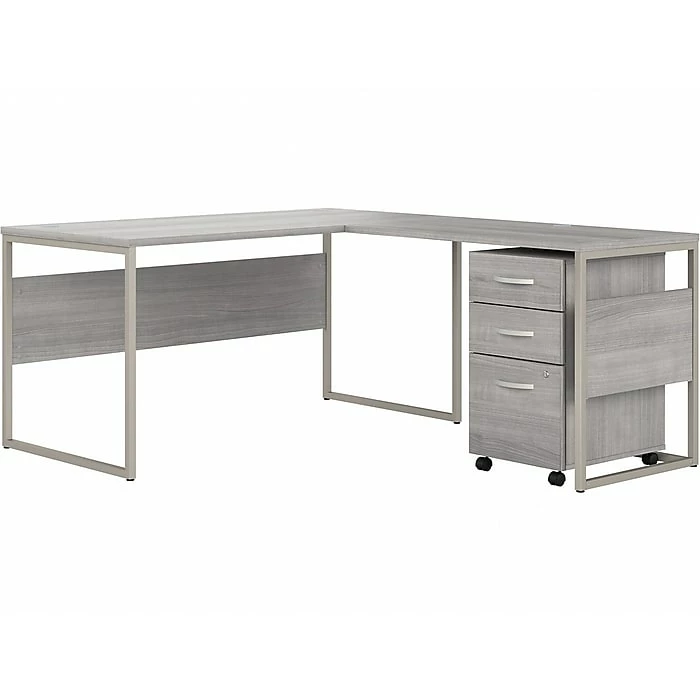 Bush Business Furniture Hybrid 60" L-Shaped Table Desk With Mobile File Cabinet, Platinum Gray (HYB029PGSU)
