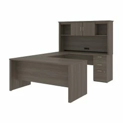 Bestar Logan 66W U Or L-Shaped Executive Office Desk With Pedestal And Hutch, Bark Grey (46410-47)