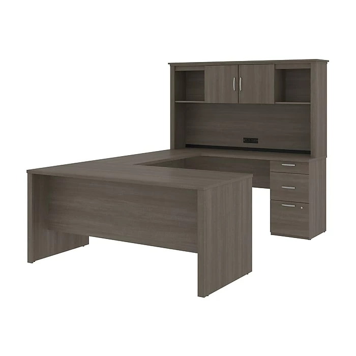 Bestar Logan 66W U Or L-Shaped Executive Office Desk With Pedestal And Hutch, Bark Grey (46410-47)