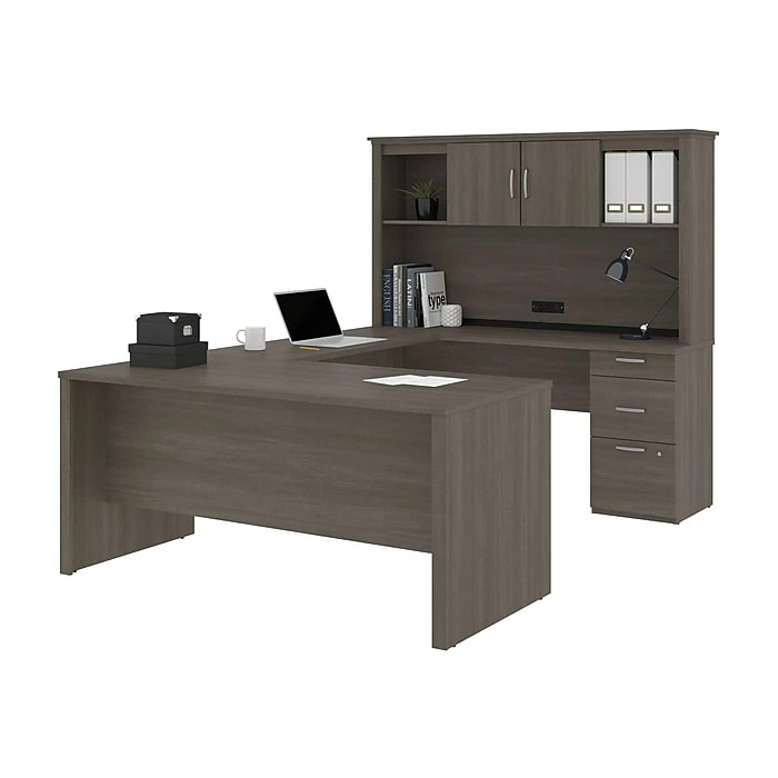 Bestar Logan 66W U Or L-Shaped Executive Office Desk With Pedestal And Hutch, Bark Grey (46410-47) - Image 3